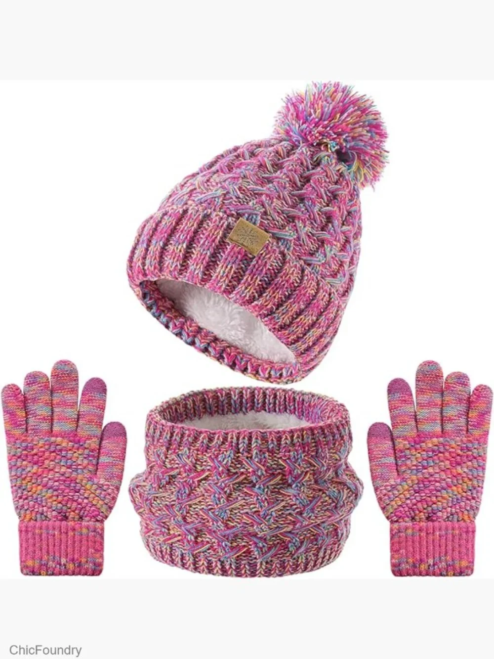 Kids Winter Hat Scarf Gloves Set Fleece Lined Pom Beanie